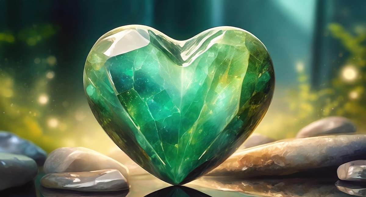an emerald jade in the shape of a heart, communicating idea of the dating rule: dont get jaded