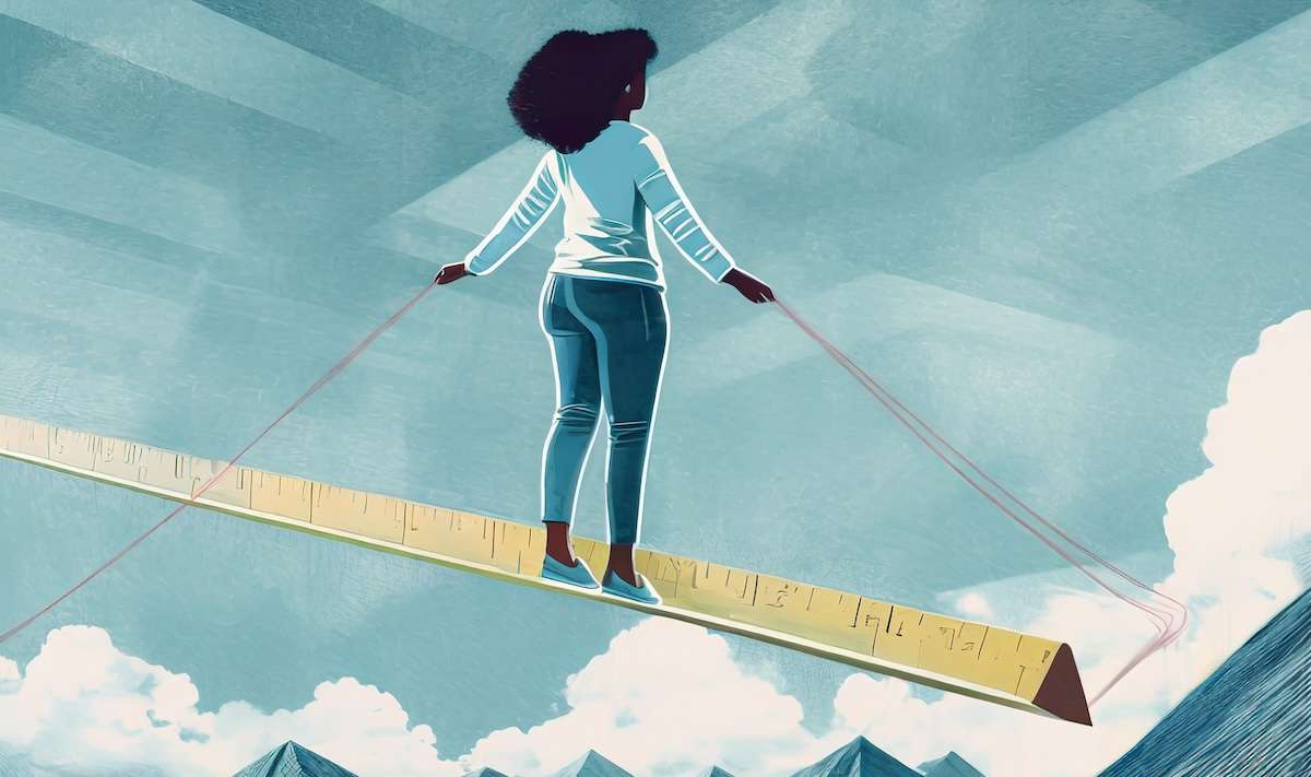 image illustrating woman walking on tightrope represented by a broken ruler